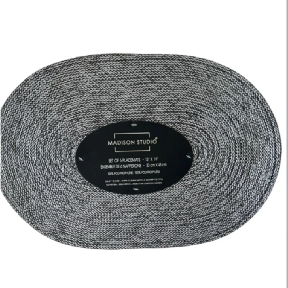 Madison Studio 6 pc Monochrome Oval Placemats 13in x 19in Black White
